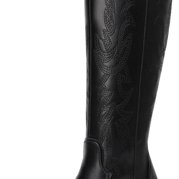 Womens Faux Leather Knee High Cowboy Boots Wide Calf Chunky Heel Western - Picture 1 of 8